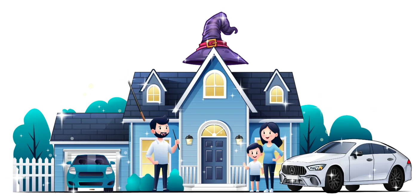 A family outside their home with their cars, protected by Warranty Wizards